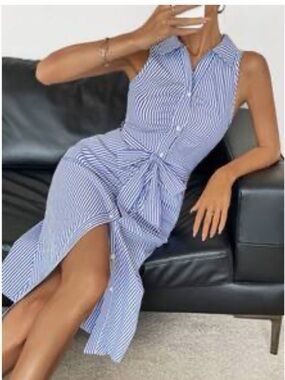 SHEIN Blue & White Striped Sleeveless Tie-Waist Midi Dress